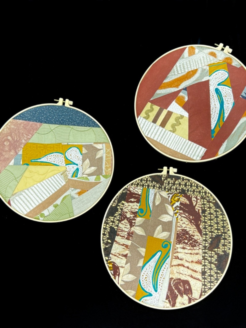 Ed Johnetta Miller Quilt Fiber Art 3 Hoop Triptych One of a Kind Wall Decor